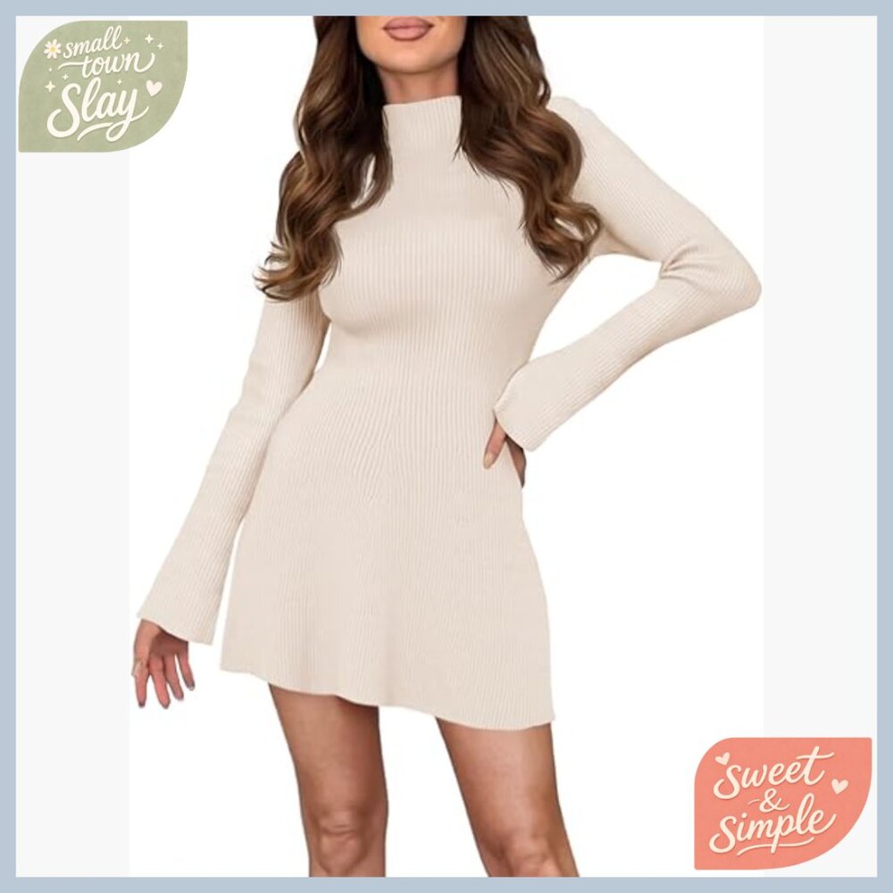 Long Sleeve Ribbed Knit Mock Neck A-Line Mini Sweater Dress Slim Fit